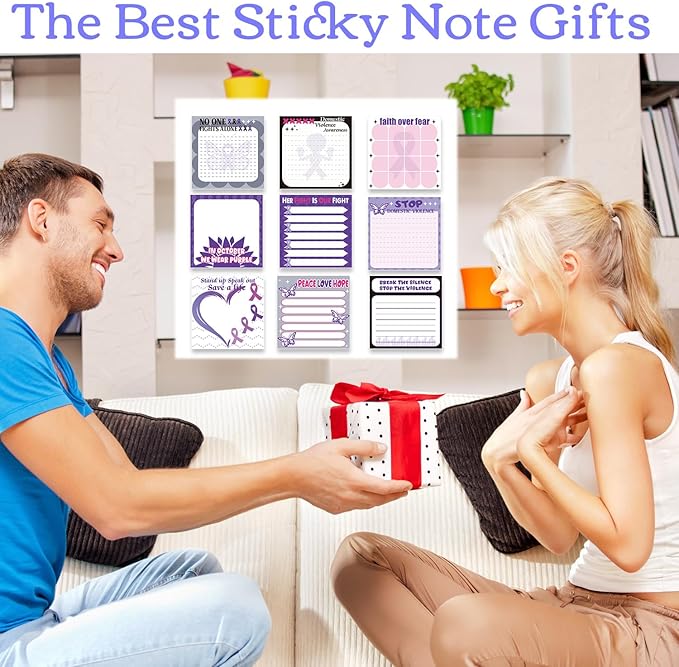 Domestic Violence Awareness Sticky Notes Gifts, 9 Pack Domestic Violence Prevention Month Notepads 3x3 Inch, Purple Ribbon Post Memo Pads Office School Supplies for Men Women (450 Sheets)