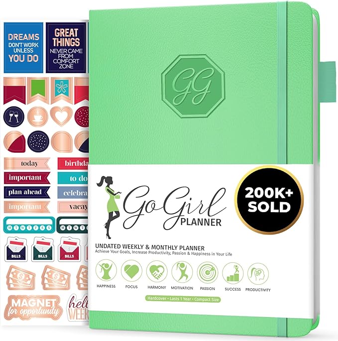 GoGirl Planner and Organizer for Women – Compact Size Weekly Planner, Goals Journal & Agenda to Improve Time Management, Productivity & Live Happier. Undated – Start Anytime, Lasts 1 Year – Mint Green