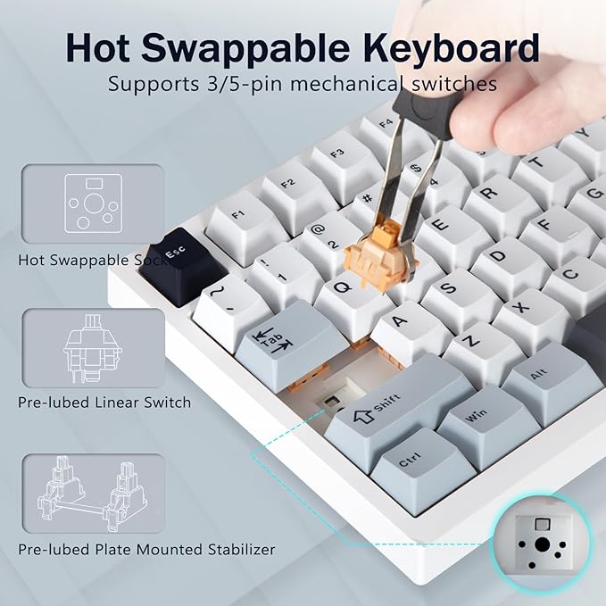 75% Wireless Mechanical Gaming Keyboard, Creamy Sound, Hot Swappable, Pre-lubed Linear Switches, Gasket Structure, Multimedia Display, RGB Backlit, 2.4GHz/USB/BT5.0, Custom Keyboard for Win/Mac