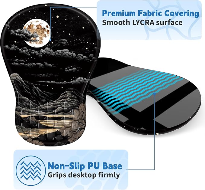 Ergonomic Mouse Pad with Wrist Rest Support, Mousepad with Comfortable Memory Foam Wrist Rest and Non-Slip PU Base for Pain Relief, Computer, Laptop, Office, Home (Moon)