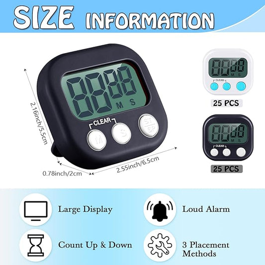 Xuhal 50 Pieces Digital Kitchen Timer Bulk, Small Magnetic Timers for Classroom, Digits Stopwatch Clock Timer for Cooking Baking Sports Games Office, Not Including Battery (Black,White)