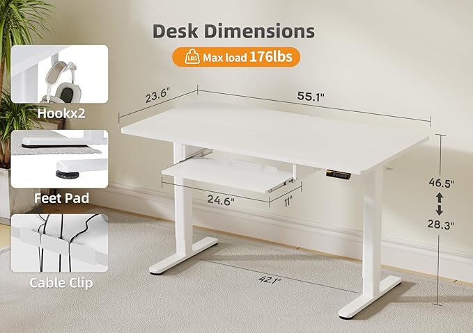Claiks Standing Desk with Keyboard Tray, Electric Standing Desk Adjustable Height, 55x24 Inches Sit Stand up Desks with Splice Board, Raising Desks for Home Office, White
