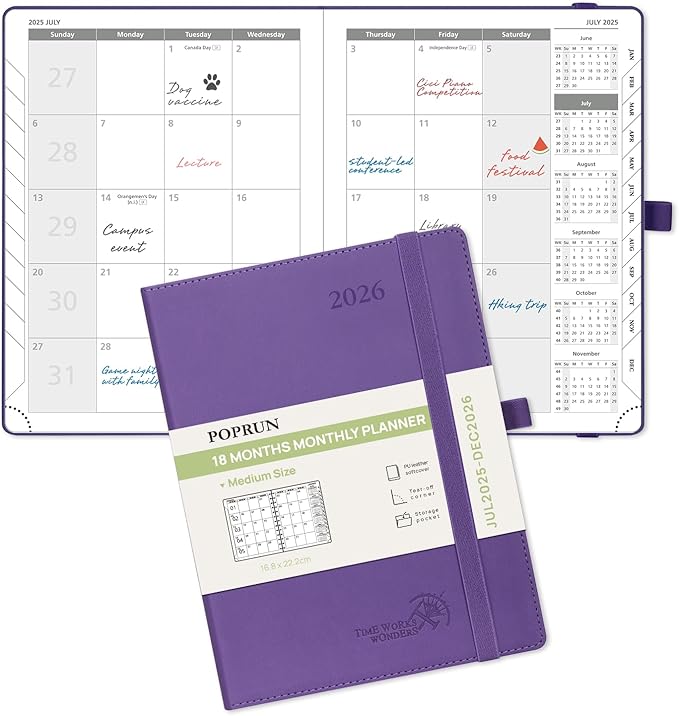 POPRUN Monthly Planner 2025-2026 (Medium- 6.5'' x 8.5'' Soft Cover), 18-Month Calendar Book (Jul.2025-Dec.2026), Calendar Planner with Monthly Tabs & Pocket, 100 GSM Paper - Purple