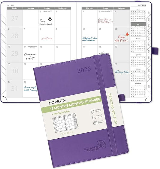 POPRUN Monthly Planner 2025-2026 (Medium- 6.5'' x 8.5'' Soft Cover), 18-Month Calendar Book (Jul.2025-Dec.2026), Calendar Planner with Monthly Tabs & Pocket, 100 GSM Paper - Purple