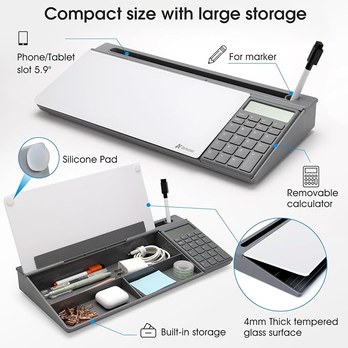 Varhomax Glass Desk Whiteboard with Calculator, Desktop Dry Erase White Board with Storage, to Do List Memo Notepad for Home and Office