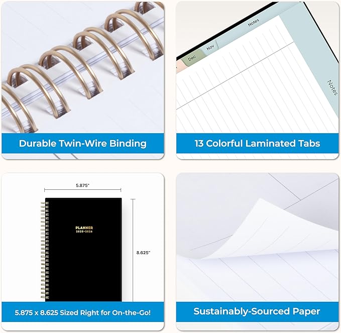 Blue Sky 2025-2026 Academic Year Weekly and Monthly Planner Calendar, July 2025 - June 2026, 12-Month, 5.8" x 8.6", Flexible Cover, Wirebound, Laminated Tabs, Storage Pocket, Black