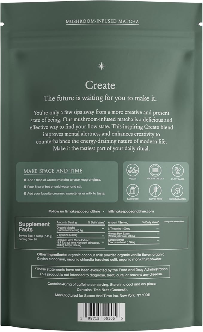 SPACE AND TIME Create - Mushroom Matcha Tea - 20 Cups of Creativity, Energy & Enhanced Mood - Organic Matcha Powder with Lions Mane, L-Theanine & Saffron