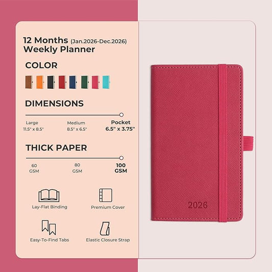 Weekly Monthly 2026 Planner (Jan.26-Dec.26),6.5"x3.75",12 Months Agenda Plan with Month Tabs & Pocket,Expenses/Note Pages, Appointment Book Calendar with Vegan Leather Cover,Rose Red
