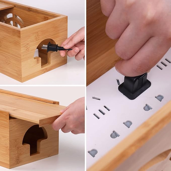 Extra Large Cable Management Box with Lid, Bamboo Cable Box for Cords, Power Strips or Surge Protectors, Hide Loose Wires Behind TVs, Home, Computers, Office Desks by HTB