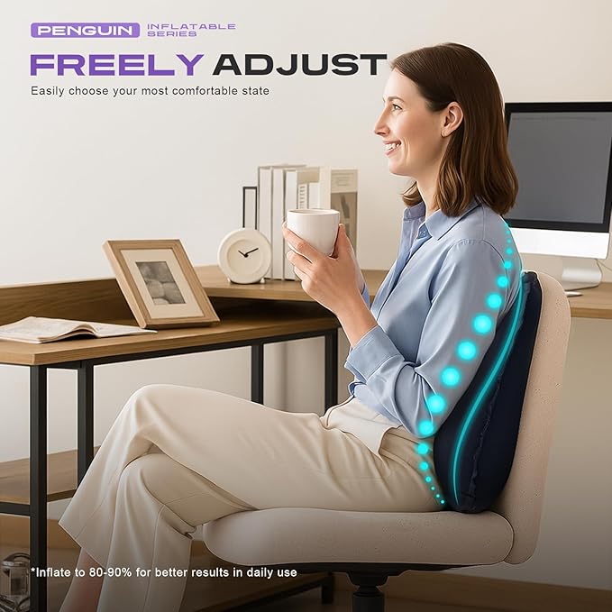 Press-to-Inflate Lumbar Support Pillow for Airplane, Car, Office Chair & Travel, Ergonomic Inflatable Back Cushion for Lower Back Pain Relief, Improve Posture & Portable Comfort, Easy to Carry - Blue