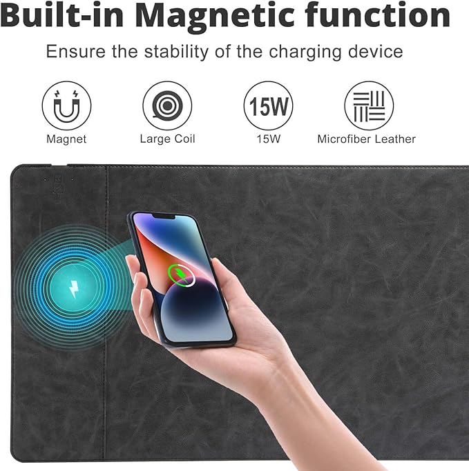 Magnetic Wireless Charging Mouse Mat, 31"x11.7" Large Mouse Pad with Wireless Charging, Microfiber Leather Office Desk Pad, Waterproof Extended Computer Keyboard Desk Mat for Office & Home, Laptop