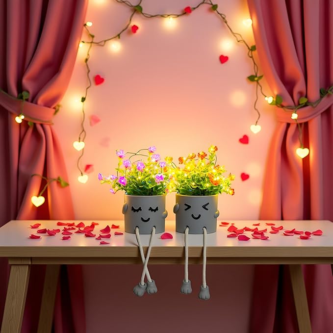 Cute Fake Plants, Flower Pots with String Lights, Fake Plants Artificial For Desk Décor, Office Decor for Women, Shelf Decor for Gift, Bathroom Small Plants Decoration, Mini Plants Window Sill Decor