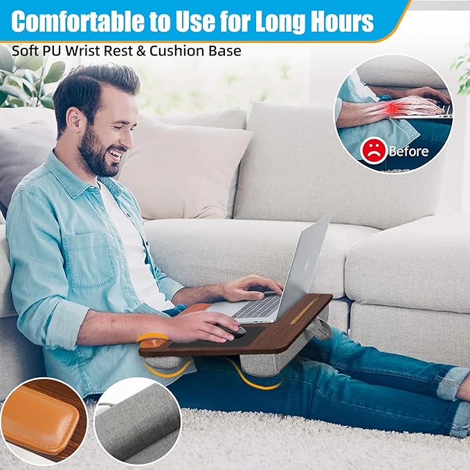 Adjustable Angle Laptop Tray with Leather Wrist Pad - Wooden Lap Desk with Cushion, Laptops Table for Couch,Bed, Fits Laptops Up to 17 Inches, Lap Laptop Desk with Mouse Pad, Brown