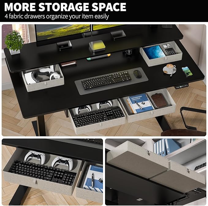 Standing Desk with Fast Charging USB Ports, 63" x 30" Height Adjustable Home Office & Gaming Desk, Sit Stand Desk with Built-in Storage Shelf, Hook & Ergonomic Design(Classic Black)