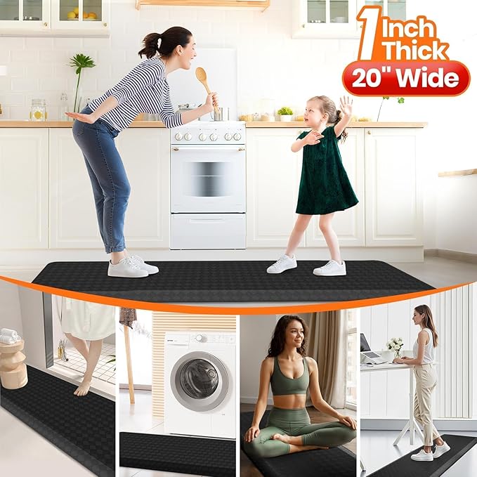 StepRite 1” Thick Kitchen Mats for Floor, Anti Fatigue Kitchen Rugs, Non-Slip,Heavy Duty Waterproof Kitchen Rug, Standing Desk Mat for Home, Kitchen, Office(Black)