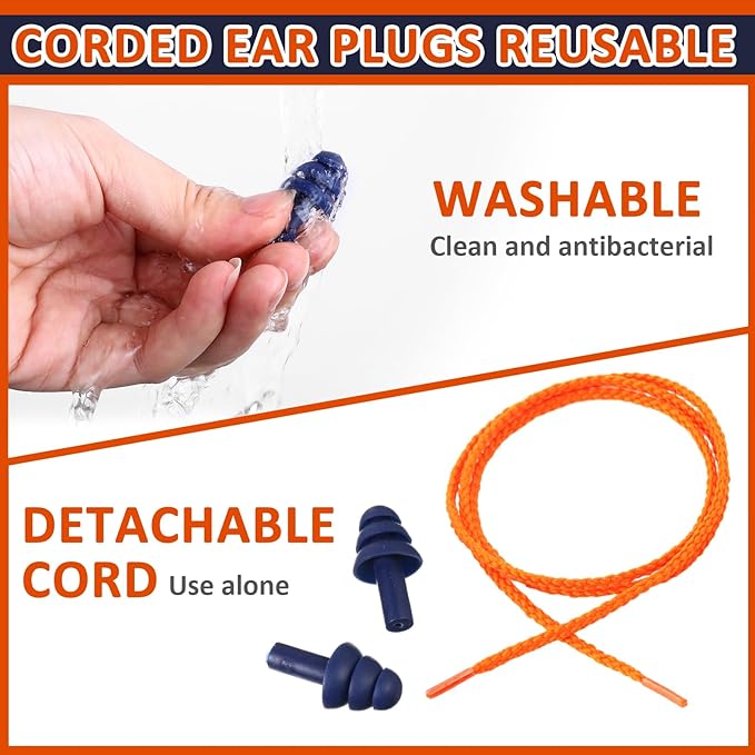 Xuhal 200 Pairs Corded Ear Plugs Silicone Earplugs with Cord Individually Wrapped Reusable Earplugs Sleep Noise Cancelling Hearing Protection for Snoring Shooting Studying Construction (Navy Blue)