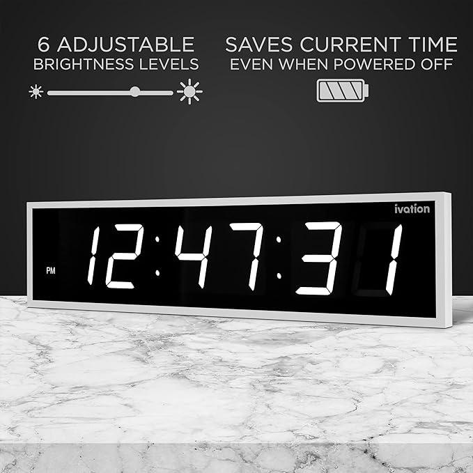 Ivation Huge Oversized 72" Large Digital LED Clock | Big Digital Clock w/Multi-Function Display – Stopwatch, Timer, Alarms, Temp & Date | 6 Brightness Levels, Time Memory & Remote (White)