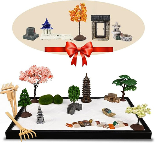 14" x 10" Large Japanese Zen Garden Kit for Desk - Sand Garden Decoration Included, Sand Tray, Rake, Trees, Incense Burner, Door, Well, Bridge - Zen Gifts for Women