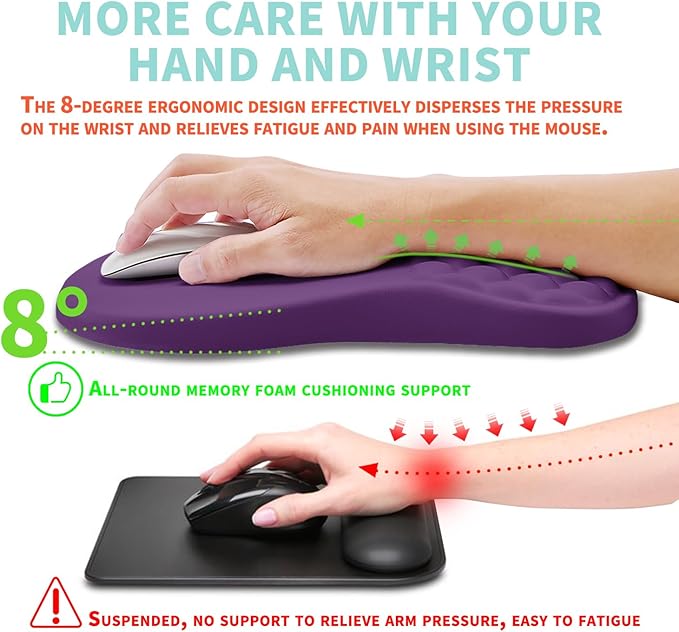 Ergonomic Mouse Pad Wrist Support with Memory Foam Massage Bulge, Carpal Tunnel Pain Relief Mousepad Wrist Rest for Mouse(12x8 inch, Deep Purple)