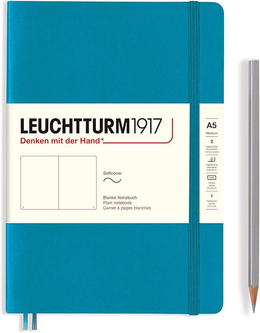 LEUCHTTURM1917 - Notebook Softcover Medium A5-123 Numbered Pages for Writing and Journaling (Ocean, Plain)