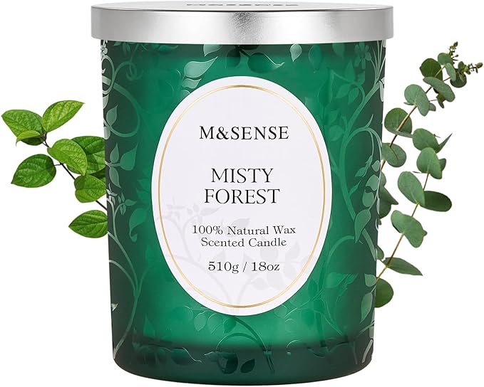 M&SENSE Eucalytus Pine Strong Scented Candle, Wooden Wick Candle, 100 Hours Slow Burning No Toxin Natural Soy Wax 18oz, Relax Aromatherapy Home Fragrance,Housewarming Gifts for Men Women