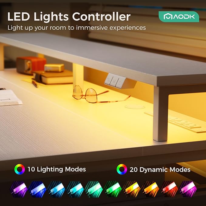 AODK Electric Standing Desk with Drawers & Keyboard Tray, 55 Inch Height Adjustable Gaming Desk with Power Outlets & LED Lights, Sit Stand Table with Monitor Stand for Home, Office, White