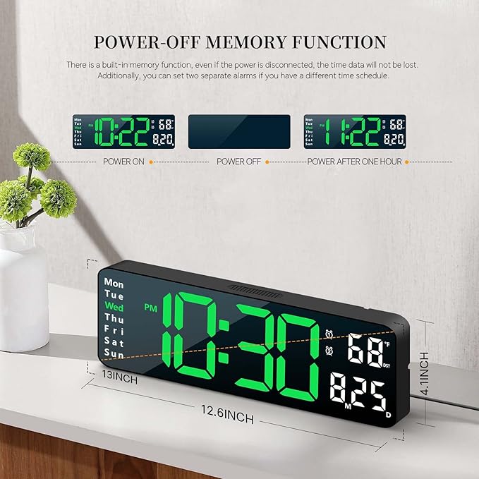 Digital Clock, Digital Wall Clock for Living Room Decor, Desk Alarm Clock for Bedroom, Large Wall Clock with Remote Control, Automatic Brightness Dimmer LED Clock with Date Temperature Week (Green-B)