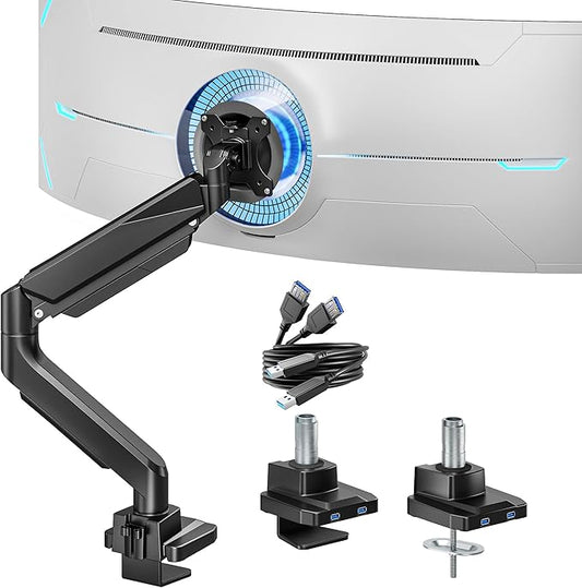 ARES WING Single Monitor Arm, Heavy Duty Adjustable Monitor Arm for 13"-49" Screens with USB, Gas Spring Desk Mount Stand with C Clamp/Grommet Mounting Base up to 40lbs Computer, Black