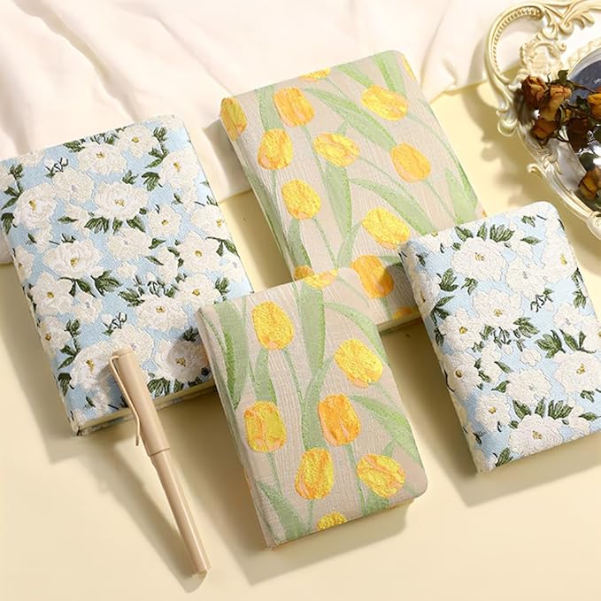 Pocket Notebook, A6, 4x6, Small Embroidered Journal, Cute Notebook, Lay Flat, Hardcover, Lined Notebook & Sketchbook, Note Taking Notebook, Beautiful Journal for Women, Tulip Flower