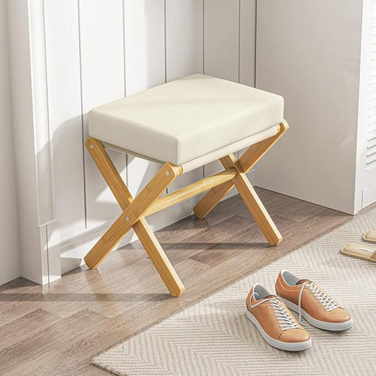 Foldable Foot Stool Ottoman, Modern Foot Rest with Bamboo X Legs & Thick Foam Cushion, Folding Foot Stools Small Padded for Bedroom Living Room, Makeup Vanity Stool Chair (Natural - Beige)