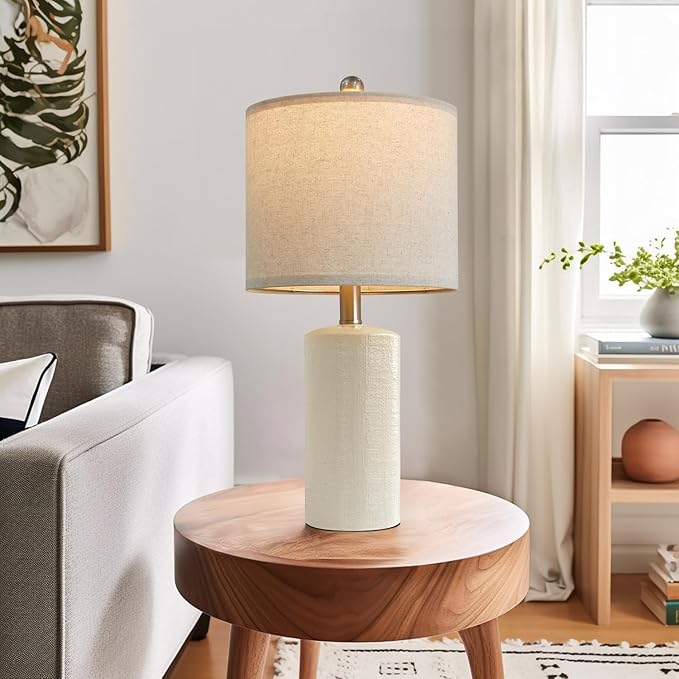 20.25" Small Single Table Lamp for Bedroom Modern Ceramic Nightstand Lamp Farmhouse Bedside Lamp Boho Living Room Lamp White End Side Table Lamp