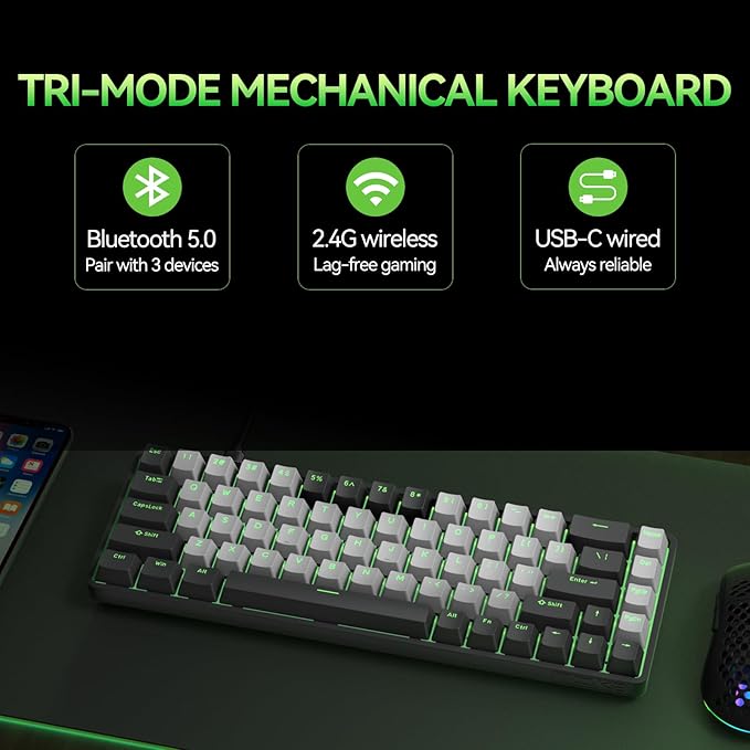 TMKB T68 60% Wireless Mechanical Gaming Keyboard, Tri-Mode BT5.0/2.4GHz/USB-C with Red Linear Switch, RGB Backlight, Anti-Ghosting, Compact 68 Keys, Wired/Wireless, Black/Gray