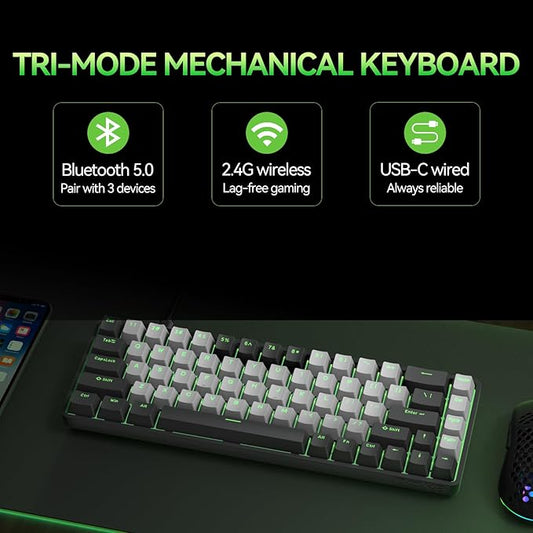 TMKB T68 60% Wireless Mechanical Gaming Keyboard, Tri-Mode BT5.0/2.4GHz/USB-C with Red Linear Switch, RGB Backlight, Anti-Ghosting, Compact 68 Keys, Wired/Wireless, Black/Gray