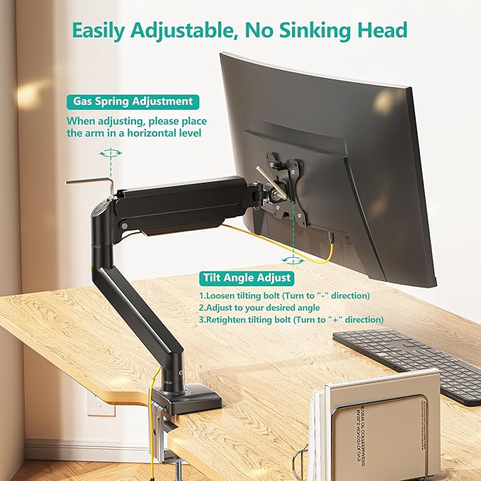 WALI Single Monitor Mount, Gas Spring Monitor Arm for 17-34 inch Screens, Adjustable Computer Monitors Stand up to 26.4lbs, with Clamp and Grommet Base, Mounting Holes 75 and 100mm (GSMP001N), Black