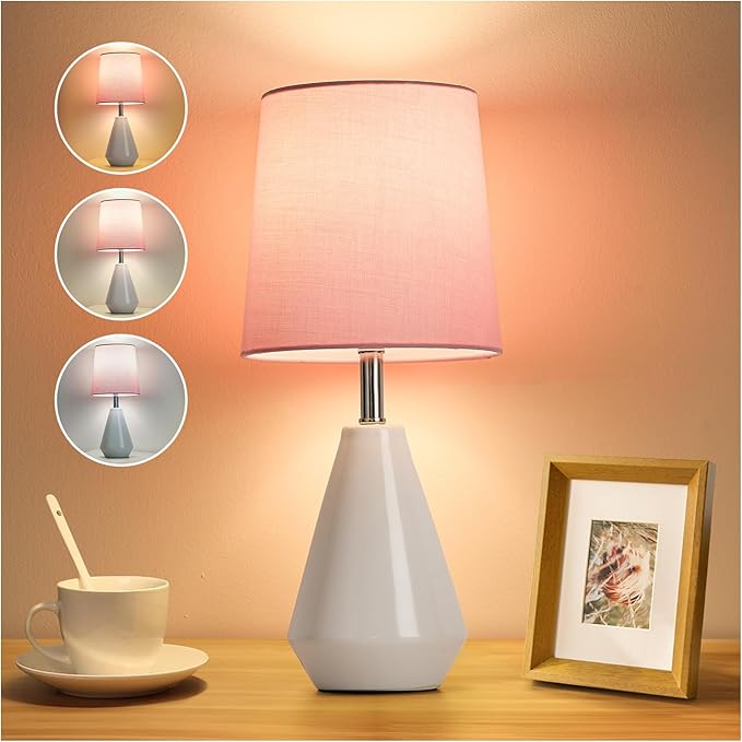 Small Bedside Table Lamp for Bedroom - Reading Desk Lamp with 3 Color Temperatures，15.5" Nightstand Ceramic Lamp with Fabric Shade for Kids Room,Living Room,Dorm,Home Office (White+Pink)