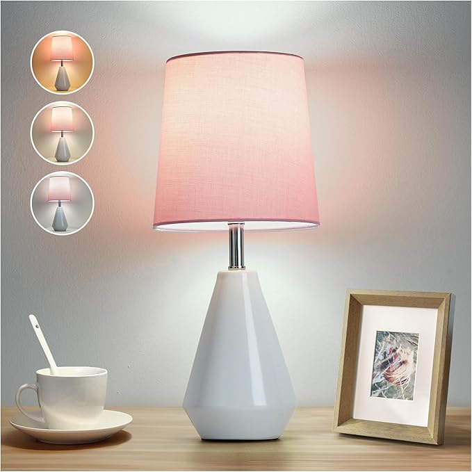 Small Bedside Table Lamp for Bedroom - Reading Desk Lamp with 3 Color Temperatures，15.5" Nightstand Ceramic Lamp with Fabric Shade for Kids Room,Living Room,Dorm,Home Office (White+Pink)