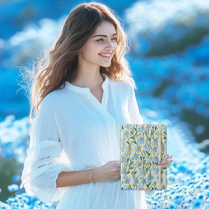 A5 Notebook, Flower Journal, Embroidered Notebook, 8"x6", Hardcover, Lay Flat, Lined, Wide Ruled Paper, Personalized Notebook, Pretty Journal, Daisy Gifts for Women, Blue, with Elastic Band