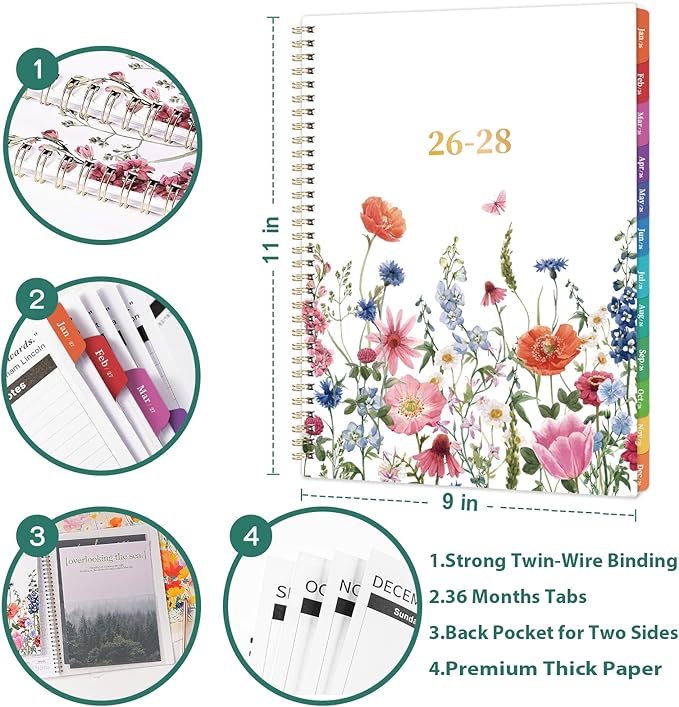 2026-2028 Monthly Planner- 3 Year Planner 2026-2028, Jan. 2026 - Dec. 2028, 3 Year Calendar 2026-2027-2028 monthly planner, 9" x 11", 36 Month Calendar with Colourful Tabs + Back Pocket - Flowers