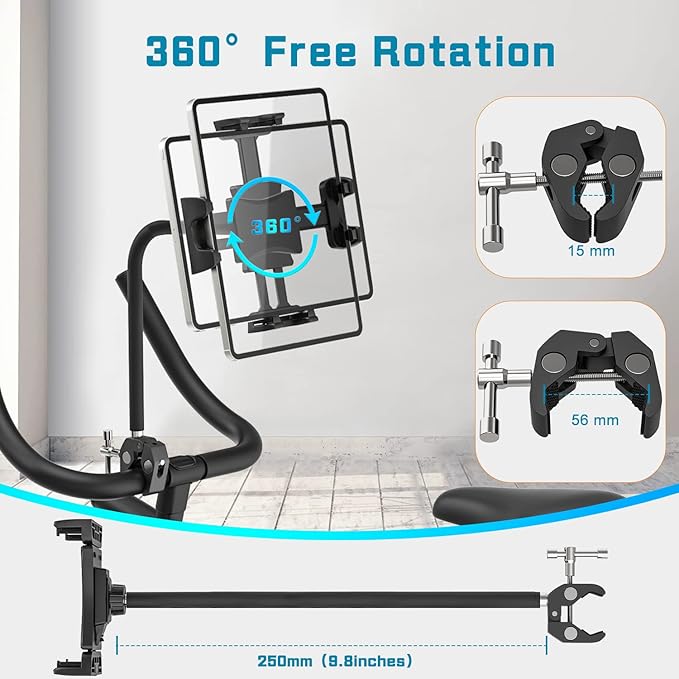 Tablet Holder for Treadmill, Gooseneck Spin Bike & Peloton Handlebar Tablet Clamp Mount Compatible with 4.7–12.9" Tablets, Perfect for Home Gym, Exercise Bike, Stroller, and Indoor Cycling