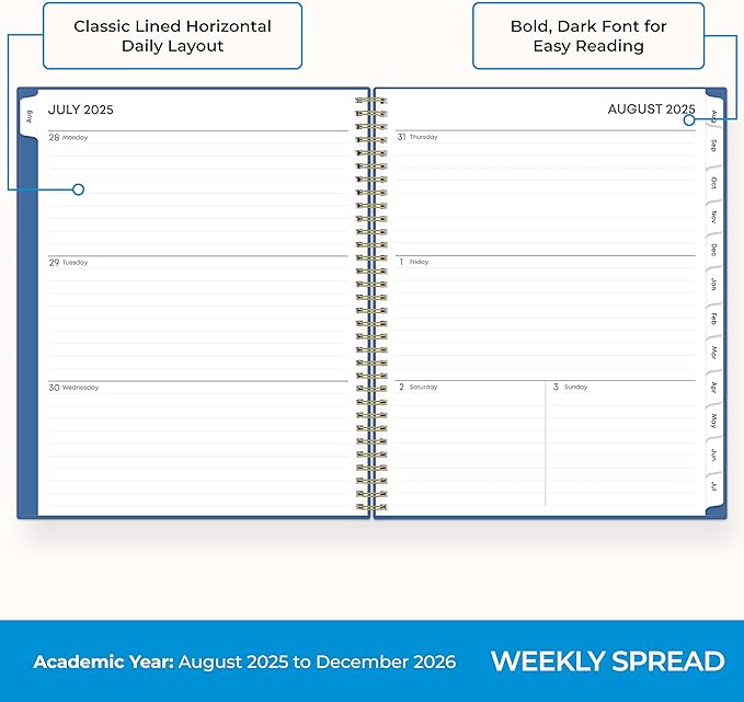 Blue Sky 2025-2026 Academic Year Weekly and Monthly Planner Calendar, August 2025 - December 2026, 17-Month, 8.5" x 11", Flexible Cover, Wirebound, Laminated Tabs, Azure