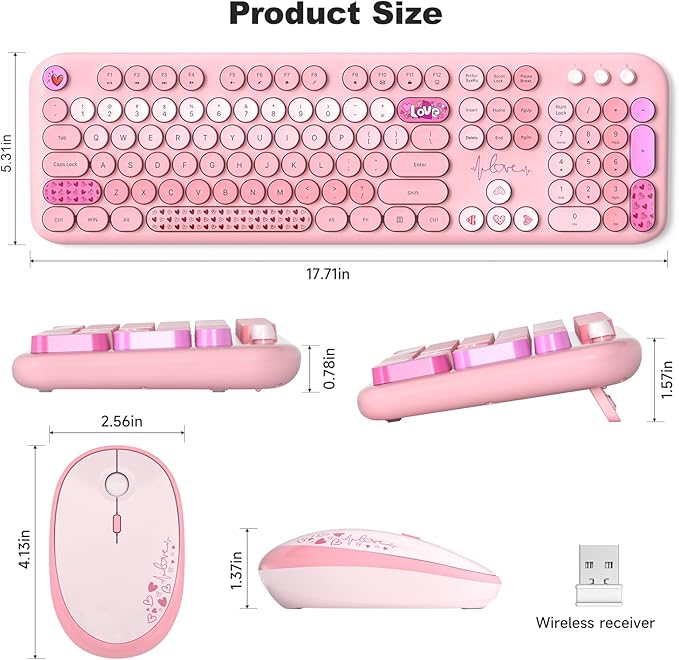 MOFII Wireless Keyboard and Mouse Combo, Cute Keyboard Full Size and Wireless Mouse, 2.4GHz Retro Typewriter Keyboard Wireless Mouse Set for PC/Desktop/Laptop/Windows (Pink Colorful)