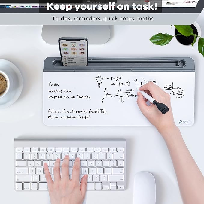 Varhomax Glass Desk Whiteboard with Storage, Desktop Organizer to-do List Memo Notepad Dry Erase White Board for Home Office and School Supplies (Gray)