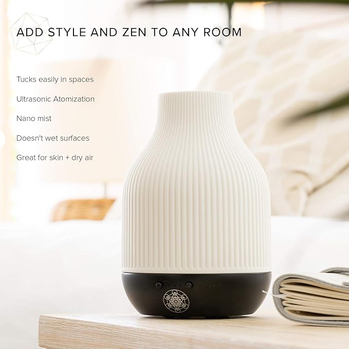 Essential Oil Diffuser Lamp, White Ceramic + Black Wood, Ultrasonic 180ml Whispersoft, 4 Timers | 5 Light Settings, Auto Shut Off, Home + Office, Humidifier Air Purifier Aromatherapy