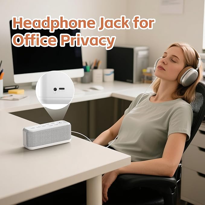 White Noise Sound Machine with 3000mAh Rechargeable Battery - Bluetooth Sleep Sound Machine with 15 Soothing Sounds, Auto-Off Timer & Headphone Jack, Portable Sound Machine for Adults, Baby & Home Use