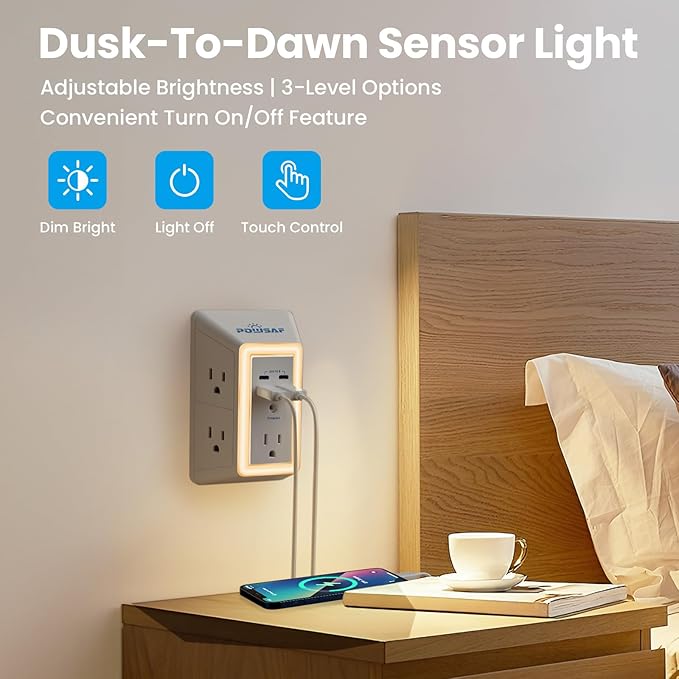 Multi Plug Outlet Surge Protector - POWSAF 5 Outlet Extender with 4 USB Ports(2 USB-C PD 20W) and Night Light, 3-Sided Power Strip with Adapter Spaced Outlets - ETL, White