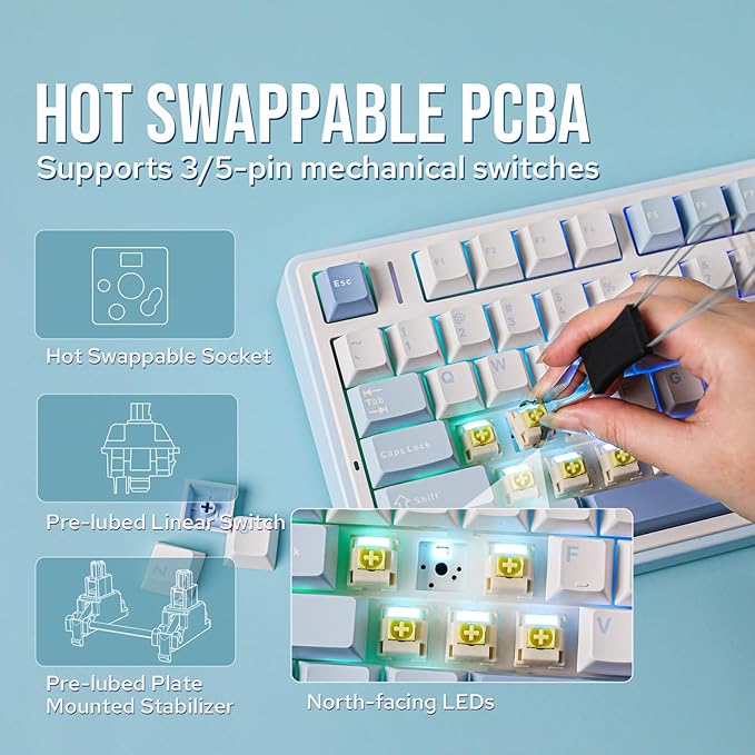 EPOMAKER x Aula F75 Gasket Mechanical Keyboard, 75% Wireless Hot Swappable Gaming Keyboard with Five-Layer Padding&Knob, Bluetooth/2.4GHz/USB-C, RGB (Sea Salt Blue, LEOBOG Reaper Switch)