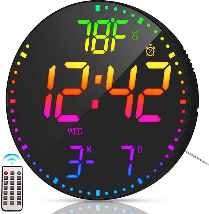 Kasbin 12 Inch Large Digital Wall Clock with Remote Control, RGB Color, Alarm, Timer, Date, Temperature, LED Display for Classroom, Living Room, Bedroom, Gift for Elderly (Black Mirror, 12")