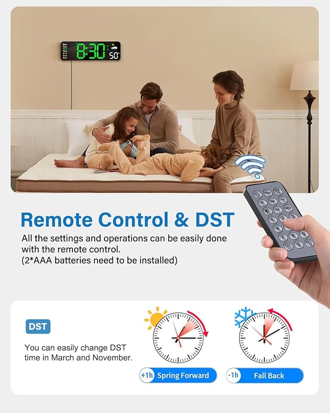 Digital Wall Clock, Digital Clock Large Display with Remote Control, Corded LED Alarm Clocks with Date, Week, Temp, Humidity, Auto DST, Countdown, for Living Room Bedroom Classroom Office (Green)