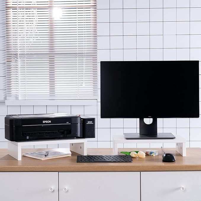 Computer Monitor Stand Riser Wood 2 Pack Dual Monitor Stand Riser for 2 Monitors Shelf Stand Desk Organizers for PC Screen White