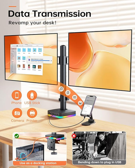 RGB Dual Monitor Stand for 2 Screens Fully Adjustable Monitor Desk Mount Sturdy Stepped Arm Design up to 17.6lbs Desk Mount with RGB USB & USB-C High Speed Data Transfer C-Clamp 75x75/100x100 VESA